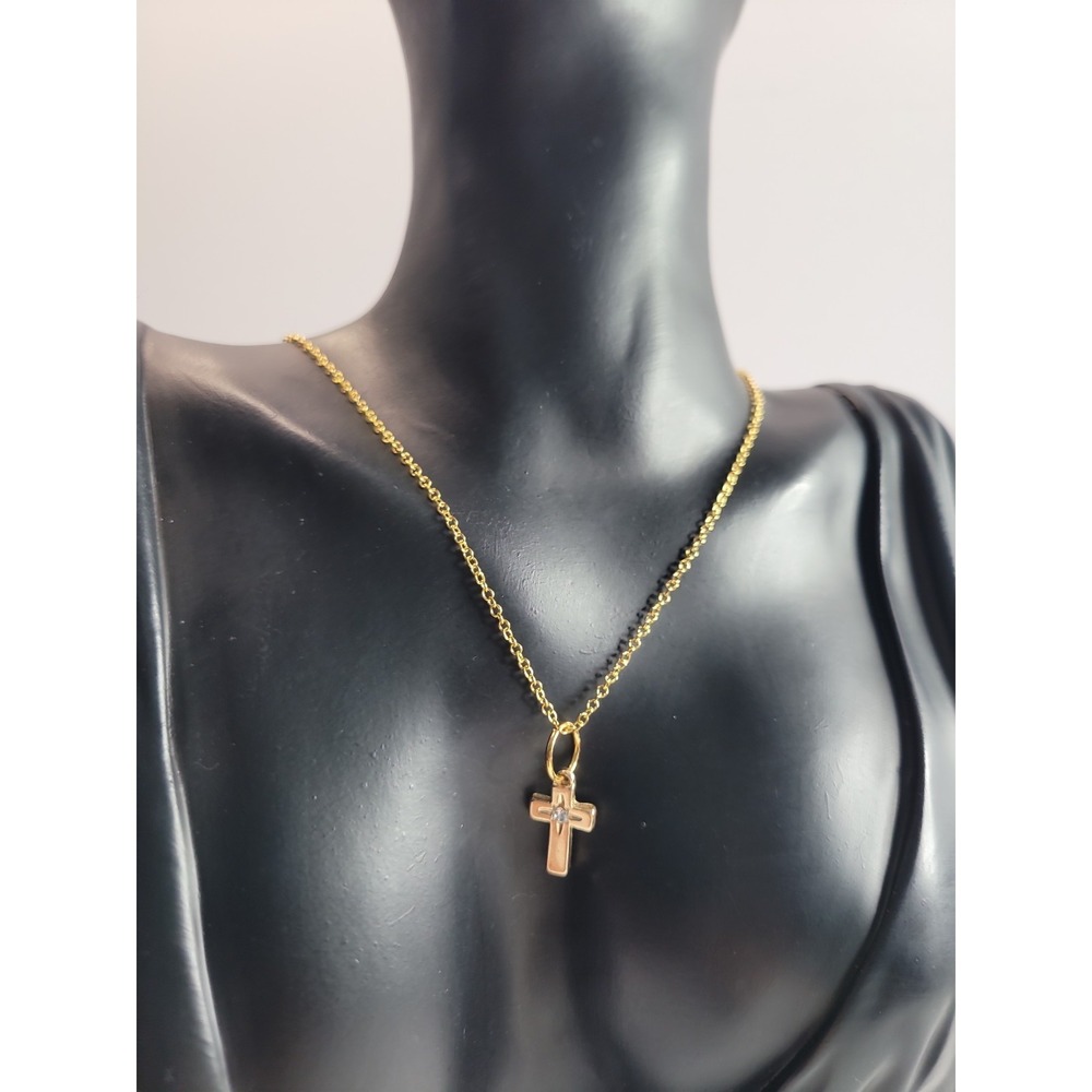 Gold Tone Cross Pendant Necklace Clear Accent Stone Dainty Religious Fashion